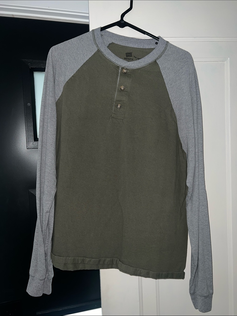 Hanes Olive Body with Gray Raglan Long Sleeve Henley